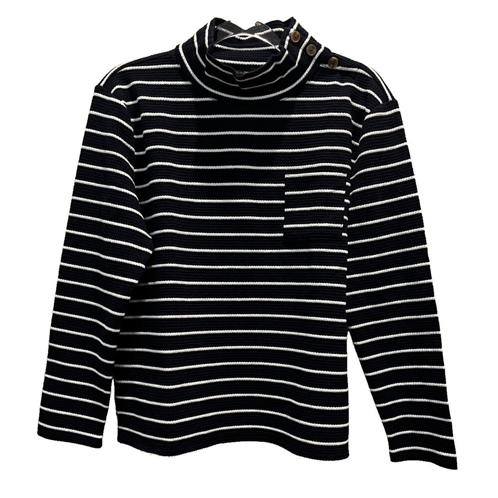 Talbots Indigo White Marin Stripe Button MockNeck Knit Pullover Top Size M 2024